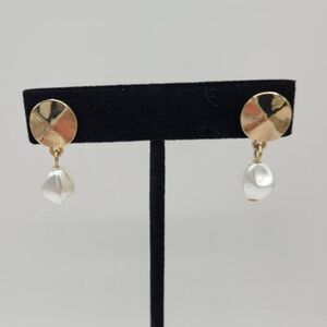 J Crew Gold Tone Disc with Drop Pearl Post Earrings NWOT!